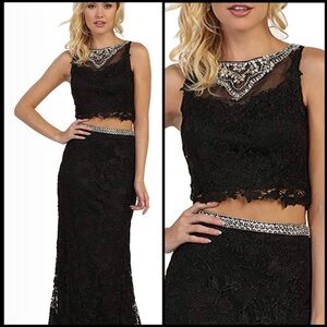 Royal Queen Collection U.S.A. Jeweled  Lace Motif Elegant Black Skirt Set Sz 8
